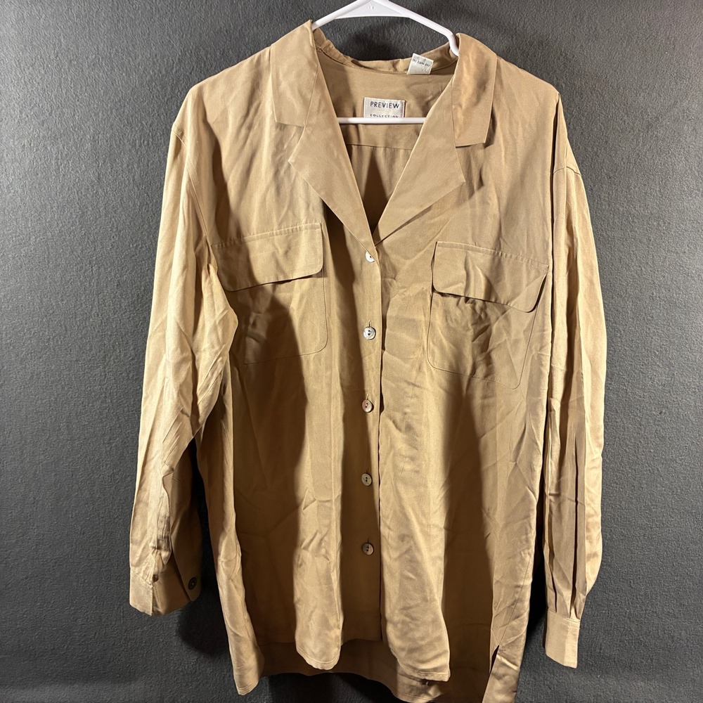 Preview Collection women Silk top‎ large Tan minimalist neutral capsule pearl